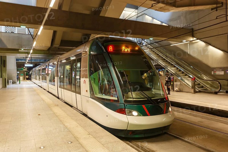 Modern tramway Alstom Citadis public transport underground stop Gare Centrale in Strasbourg