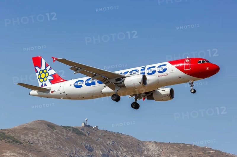 An Edelweiss Airbus A320 aircraft with registration HB-JJL at the airport in Santorini