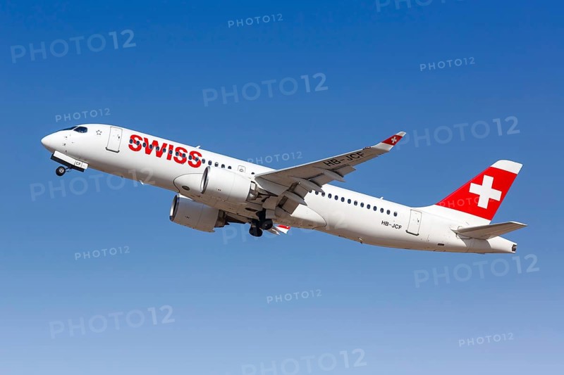 A Swiss Airbus A220-300 aircraft with registration HB-JCF at the airport in Santorini