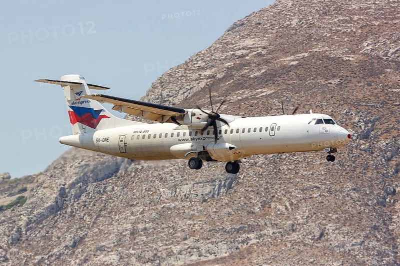 An ATR 72-500 aircraft of Sky Express with registration SX-ONE at the airport in Santorini