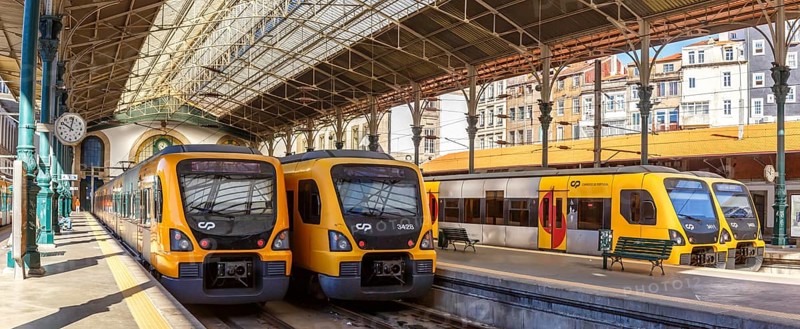 Trains Railway Panorama at Porto Sao Bento Station in Portugal in Porto