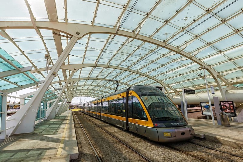 Modern light rail Metro do Porto tram public transport transport transport at the stop airport in Porto
