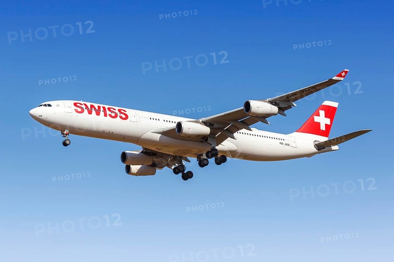A Swiss Airbus A340-300 aircraft with registration HB-JMB at the airport in Palma de Majorca