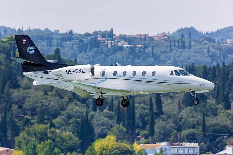A Cessna 560XL Citation Excel aircraft of Speedwings Executive Jet with registration number OE-GXL at the airport in Corfu