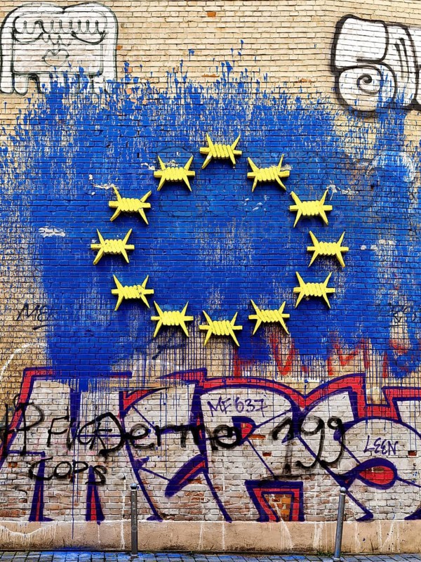 European flag with barbed wire symbols