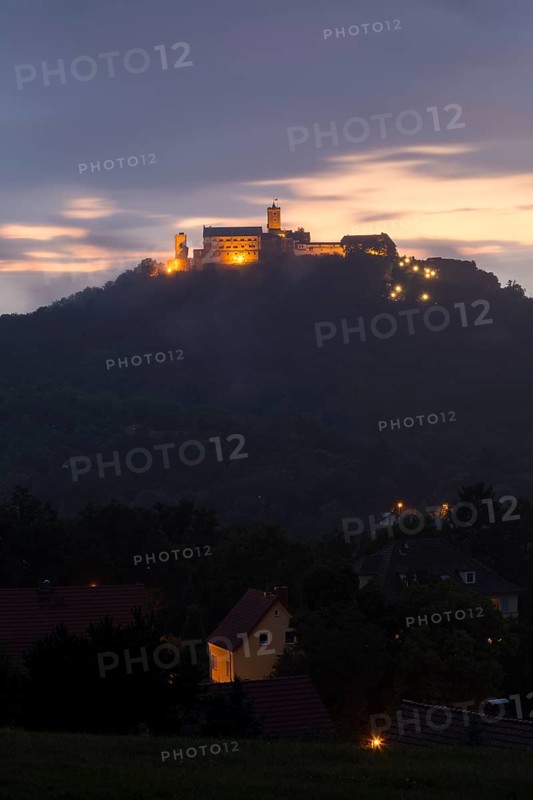 View of Wartburg Castle from the Goepelskuppel at blue hour
