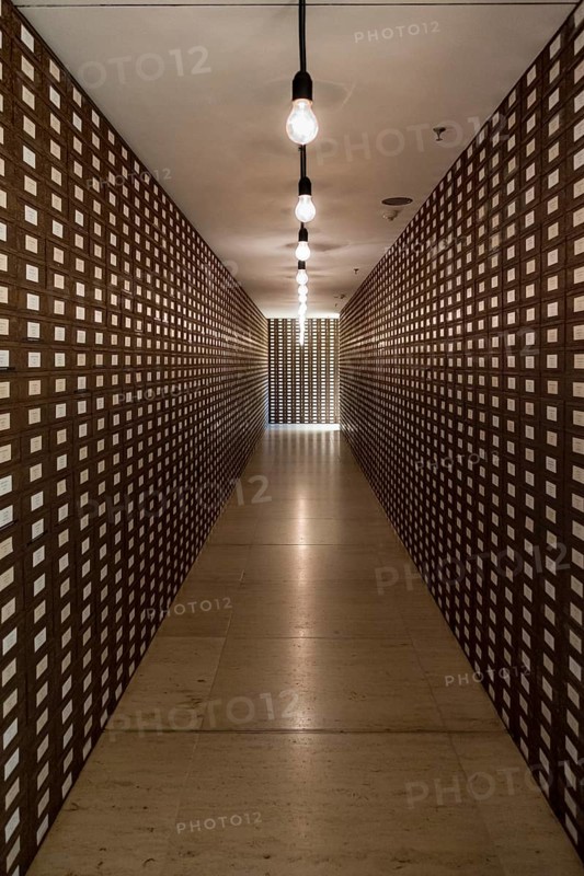 Aisle with stacks of card index boxes in the Reichstag