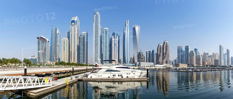 Dubai Marina and Harbour Skyline Architecture Vacation in Arabia Water Reflection Panorama in Dubai