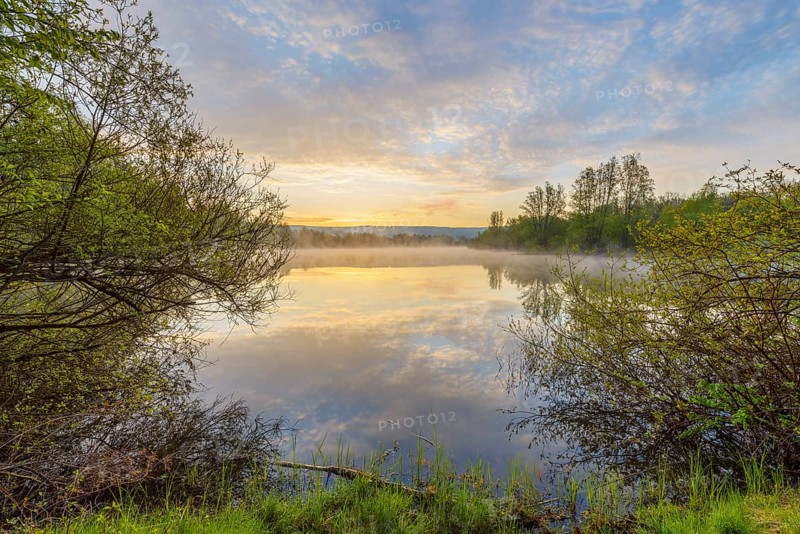 Lake with morning mist at sunrise