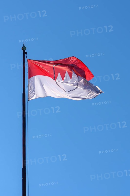 Waving Franconian flag in the blue sky