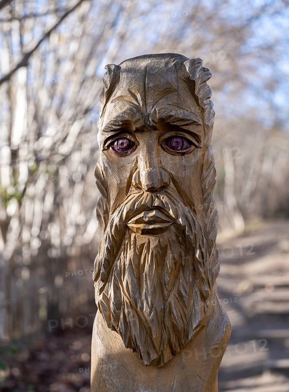 Carved wooden figure at the rock formation Teufelsmauer