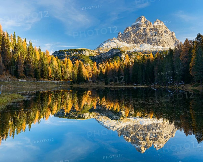 Antorno lake towards Tre Cime di Lavaredo mountain reflected in lake