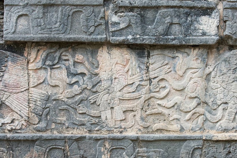 Sandstone relief in the excavation site of the Maya city of Chichen Itza
