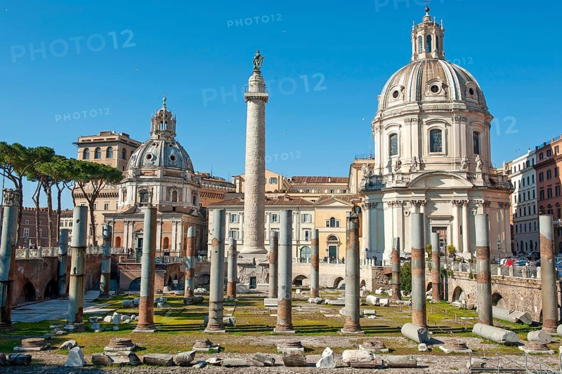 View of ancient columns of Trajan's Forum with Trajan's Column