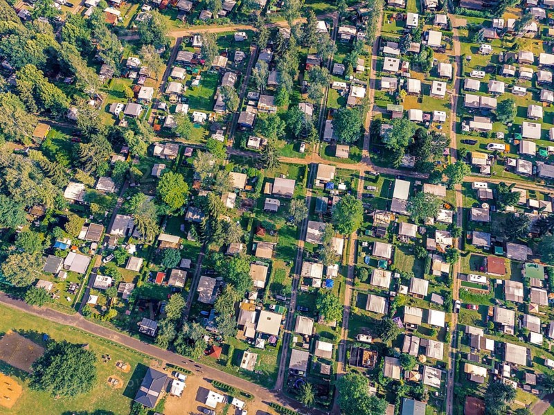 Aerial view of Hohenfelden campsite with the caravans of the permanent campers