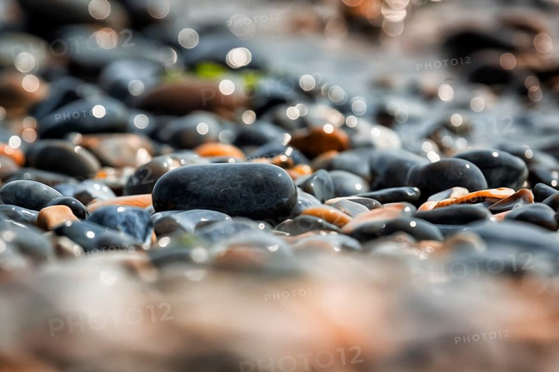Shiny pebbles on the beach illuminated by the sun