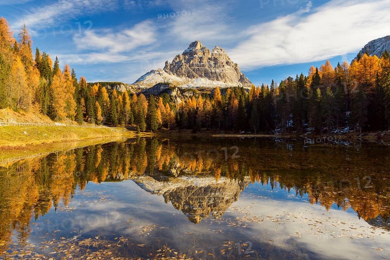 Antorno lake towards Tre Cime di Lavaredo mountain reflected in lake