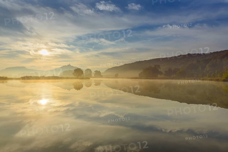 Landscape with Wachsenburg Castle at Sunrise Reflecting in Lake