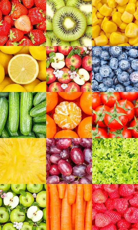 Fruits Fruit and Vegetable Collage Collection Background with Berries Apples and Carrots