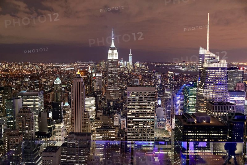View of Midtown and Downtown Manhattan and Empire State Building from Top of the Rock Observation Center at sunset