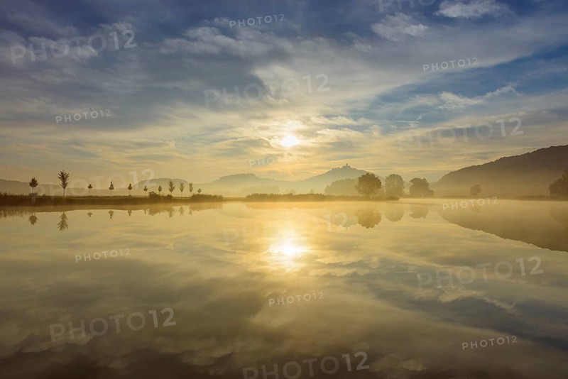 Landscape with Wachsenburg Castle at Sunrise Reflecting in Lake