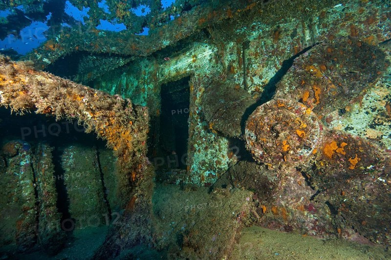 Right Replacement propeller on deck of wreck of sunken cargo ship M/V M/N Kent