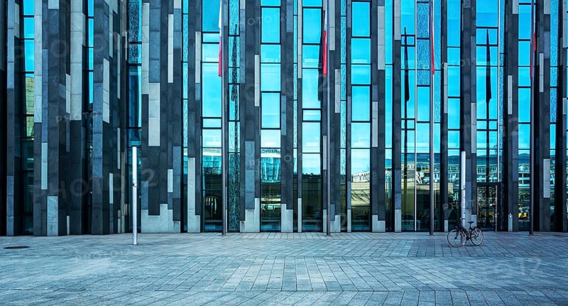 The glass facade of the University Alma Mater Lipsiensis