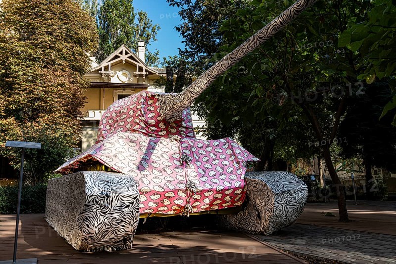 Tank wrapped in fabric with Hello Kitty print