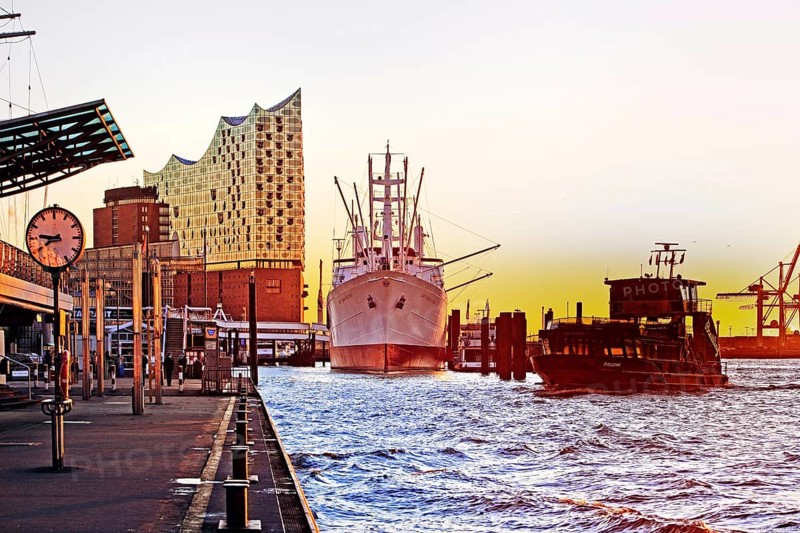 Elbe Philharmonic Hall with the Norderelbe at sunrise