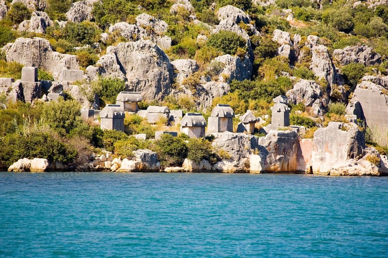 Necropolis by the sea with sarcophagi