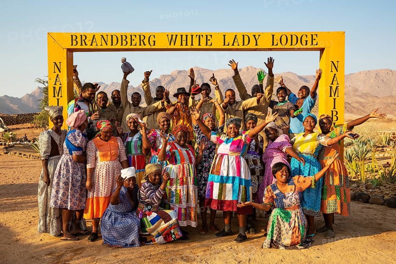 The staff of the Brandberg White Lady Lodge in traditional clothing