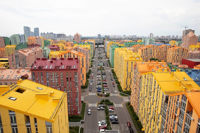 View over the colourful houses in Comfort Town in Kiev