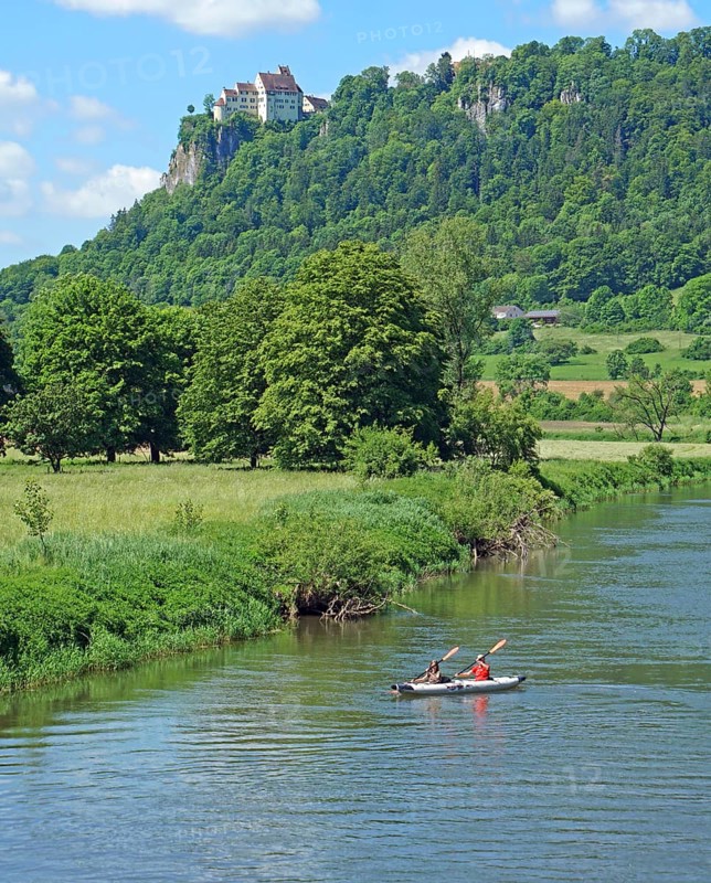 Kayakers paddling on the Danube between Hausen im Tal and Gutenstein