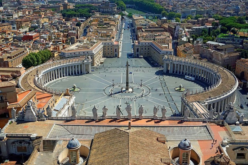 View from the dome of the Basilica of San Pietro or St Peter's Basilica onto St Peter's Square and Via della Conciliazione