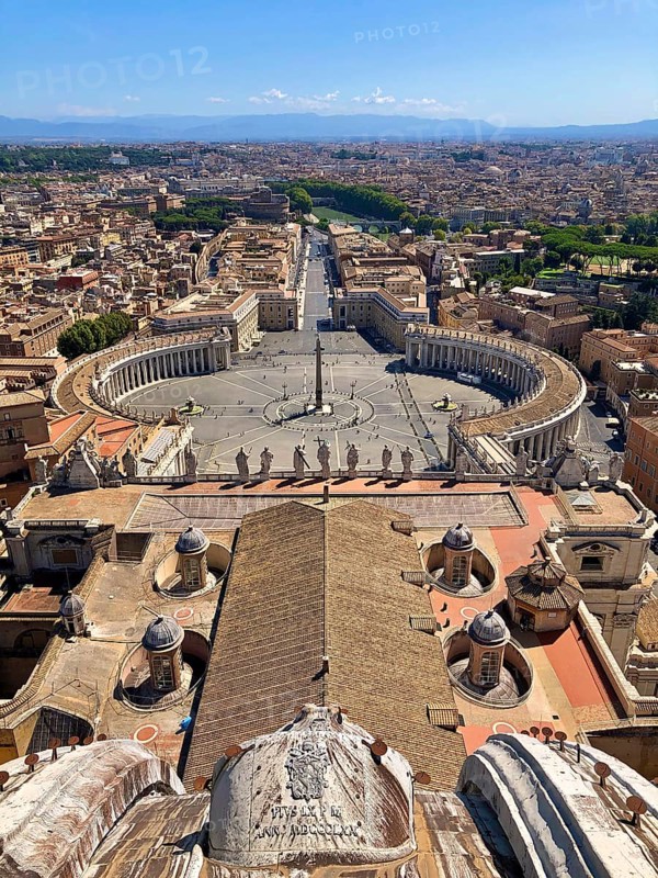 View from the dome of the Basilica of San Pietro or St Peter's Basilica onto St Peter's Square and Via della Conciliazione