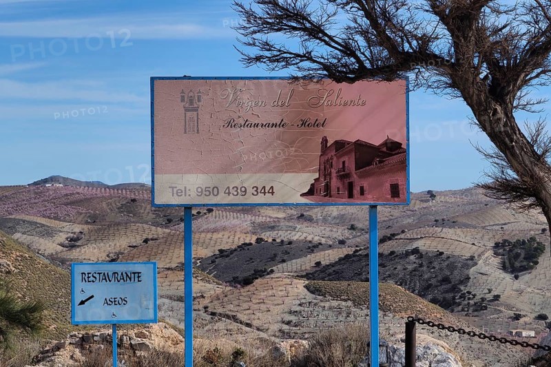 Signage for restaurant at Virgin de Saliente monastery