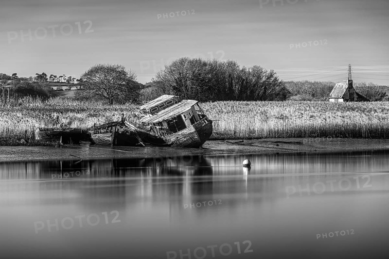 Old Boat Wrecks in Black and White on the River Exe in Topsham