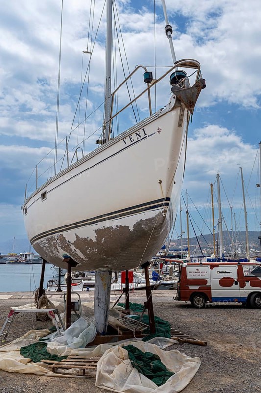Sailboat in a small shipyard in Agios Nikolaos