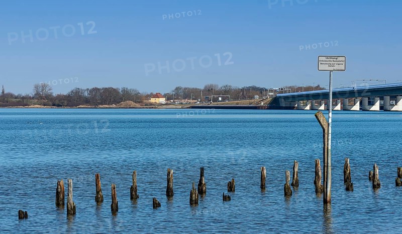 The Baltic Sea at the Ruegen Dam with the Ruegen Bridge