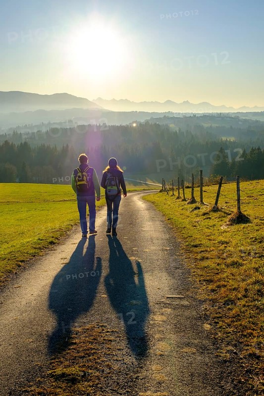 Hiker at the panorama path during the descent from the Kirnberg near Schoenberg