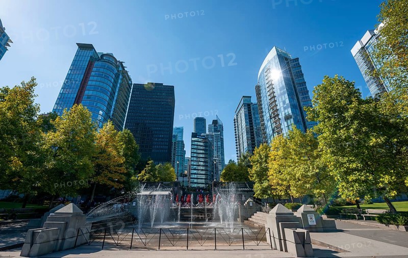 Fountain in Spray Park and SKyline with skyscrapers