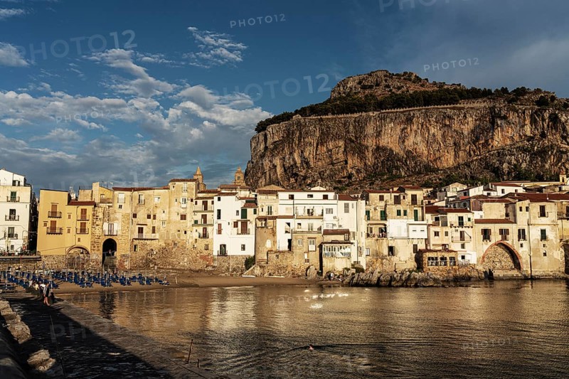 View of the town of Cefalu with Rocca di Cefalu