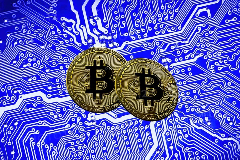 Bitcoin BTC crypto currency gold coins on a mainboard