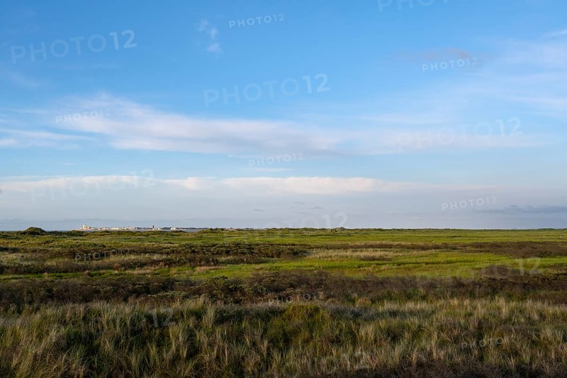 View over flat dune landscape of the Kalfamer to the island of Norderney