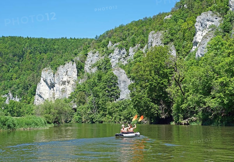 Kayakers paddling on the Danube between Hausen im Tal and Gutenstein