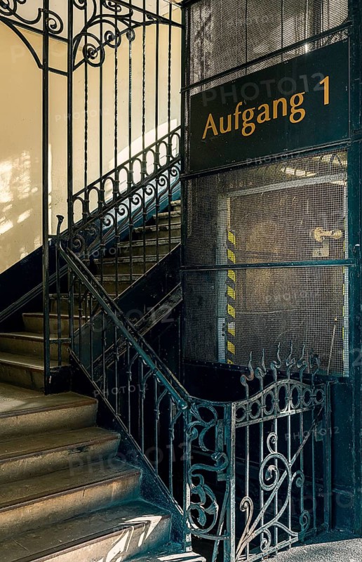 Ornate door from a historic lift in an old factory