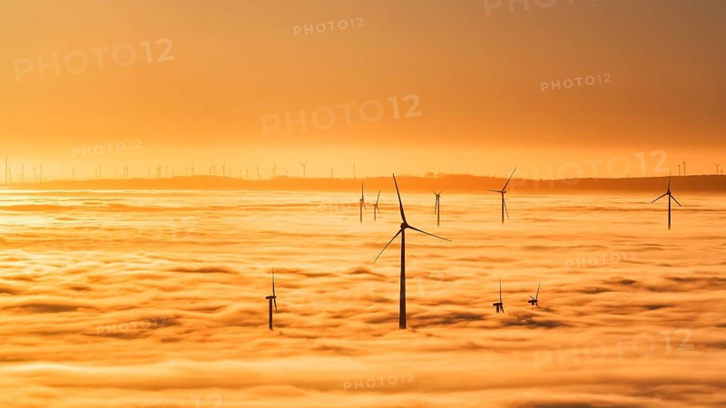 Wind turbines rising from cloud cover