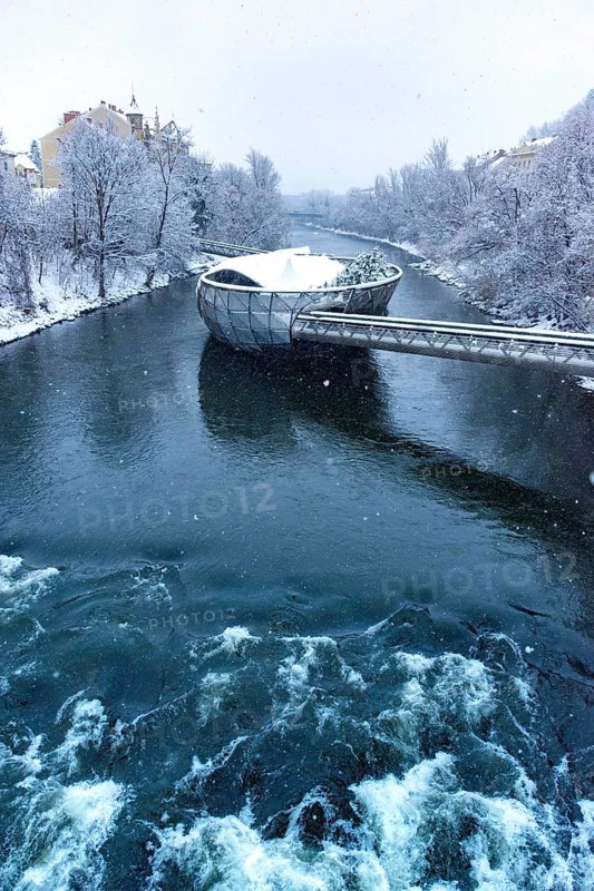 Mur river with Murinsel bridge in Graz