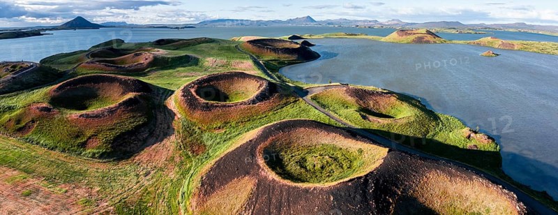 Aerial view of green volcanic crater