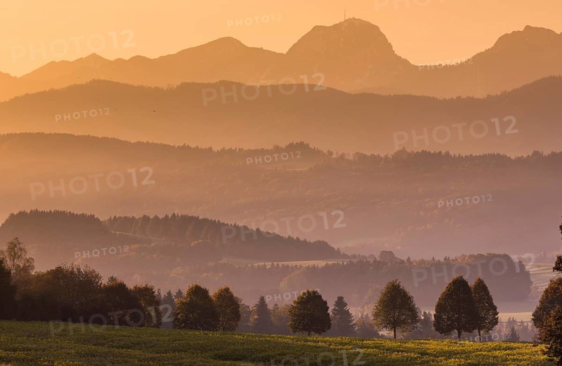 Morning mist in the foothills of the Alps at sunrise at the Wilparting pilgrimage church